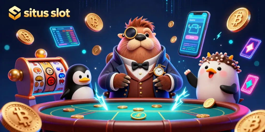 Menggiring situs slot yang menarik dengan walrus jolly dan dealer penguin di meja poker bawah laut.