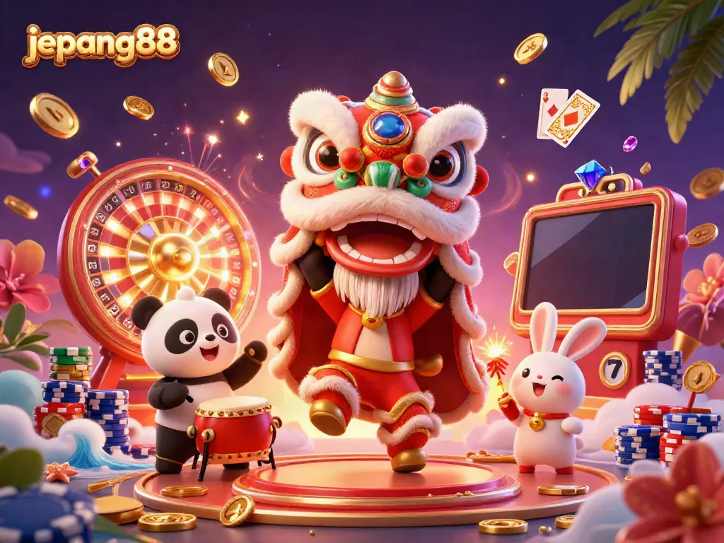 Join the fun at Jepang88 with exciting games and vibrant casino elements in this playful 3D illustration.