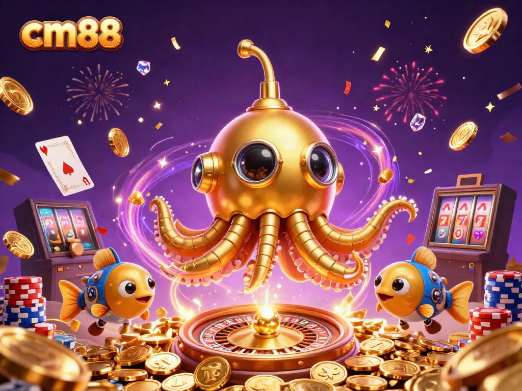 Experience winning moments at cm88 with a golden kraken submarine amidst sparkling casino treasures.