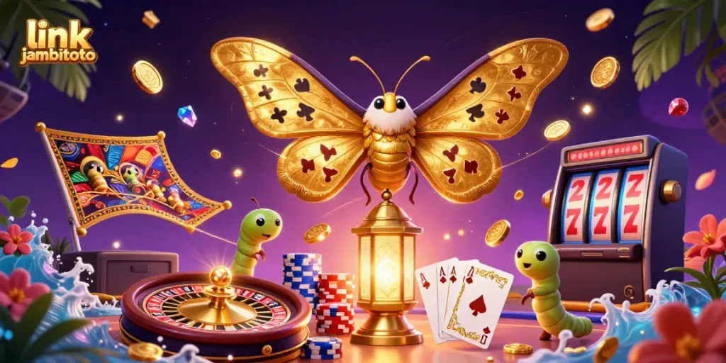 Experience thrilling excitement with link jambitoto as the golden moth and vibrant casino elements shine.