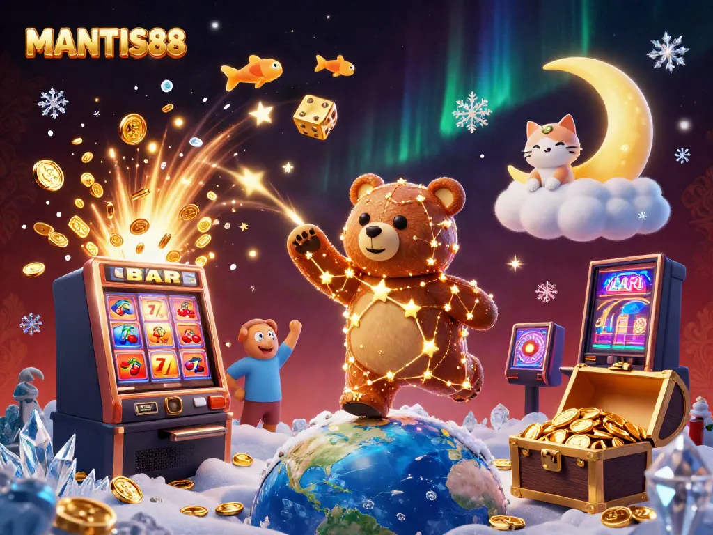 Experience thrilling jackpots at MANTIS88 with golden stars and coins in this vibrant casino scene.