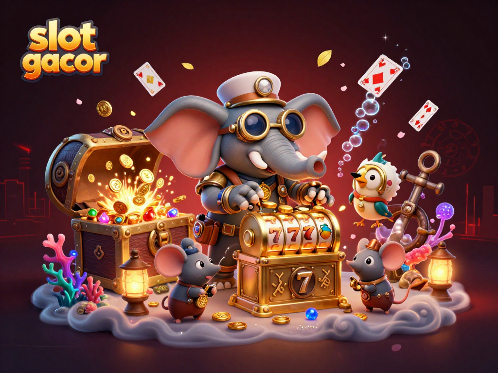 Permainan slot gacor dengan gajah steampunk mengoperasikan mesin slot berkilau, dikelilingi harta karun.
