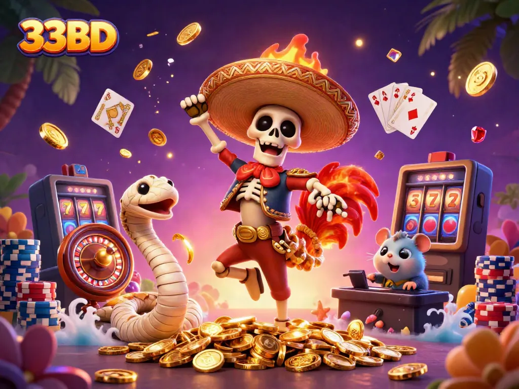 Join the fun at 33BD, where a vibrant mariachi rooster dances atop golden coins alongside casino-themed elements.