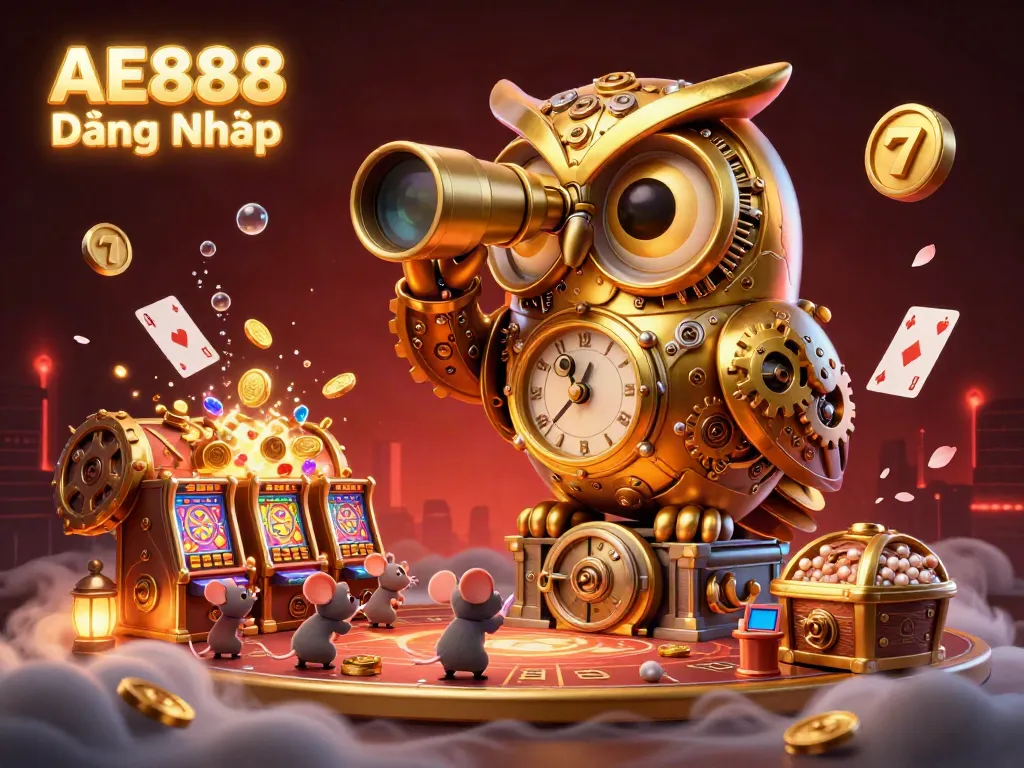 Spin and win with AE888 Đăng Nhập featuring a golden owl overlooking a lively casino floor.