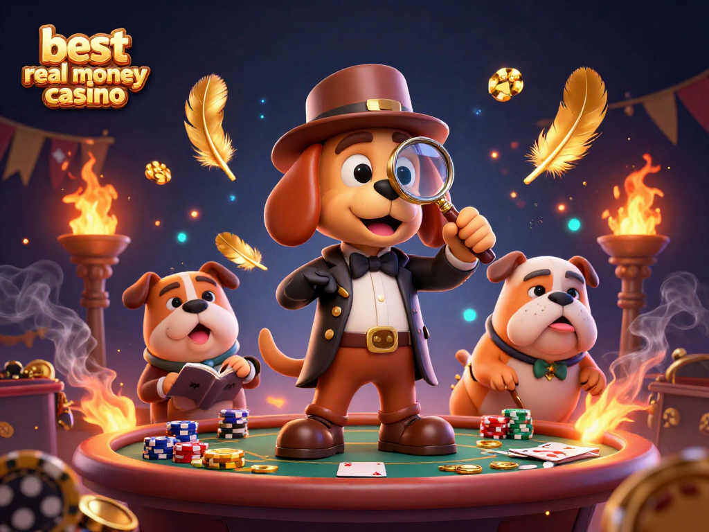 Experience the excitement of the best real money casino with our detailed scene featuring a detective revealing poker mysteries.