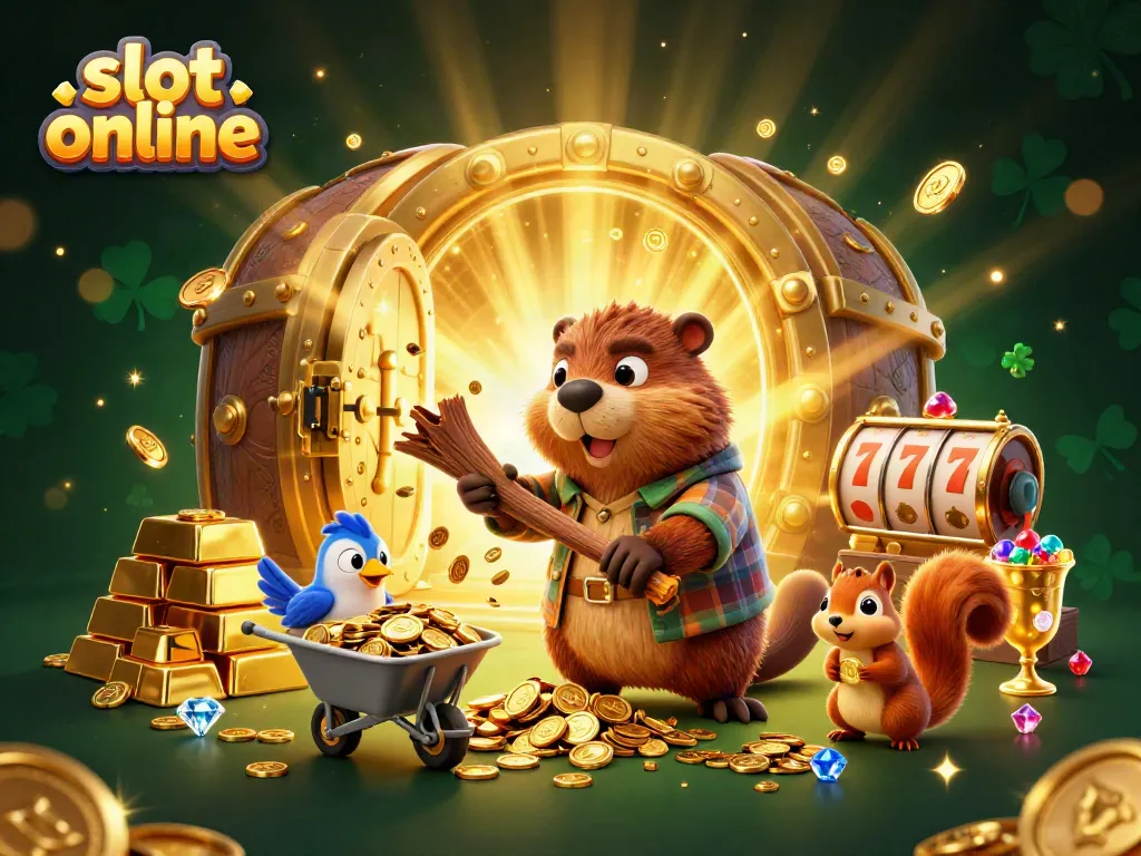 Play slot online with a 3D cartoon beaver amid gold coins and gems.