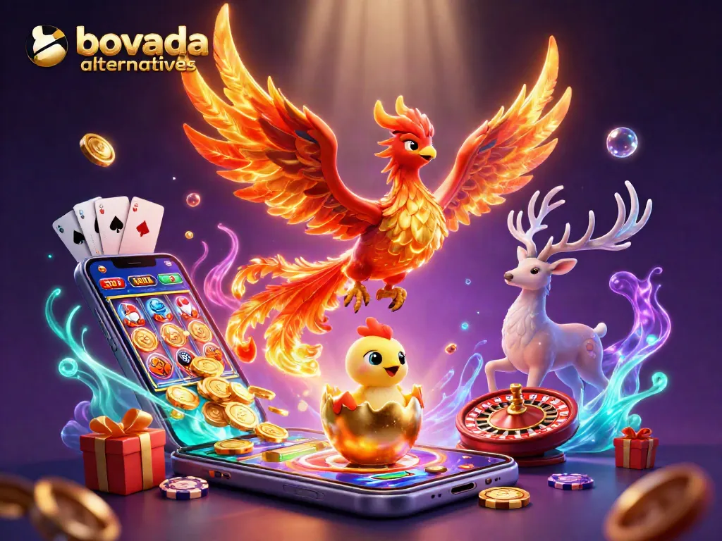 Engage with bovada alternatives in a vibrant 3D illustration featuring casino elements and magical characters.