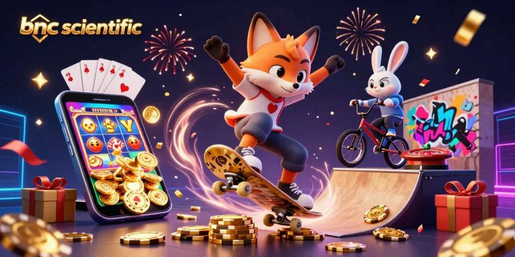 Engage in thrilling gameplay with bncscientific as the fox skater pops tricks over golden poker chips.