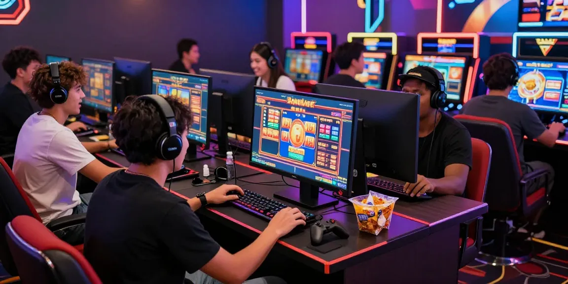 Group enjoying bandar slot gaming in a lively online casino environment