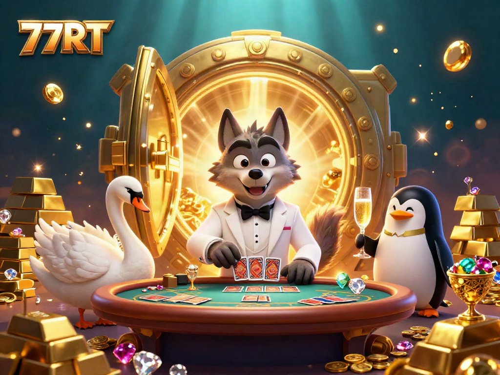 Experience the thrill of 77RT as a wolf plays baccarat with a swan dealer in a vibrant casino scene.