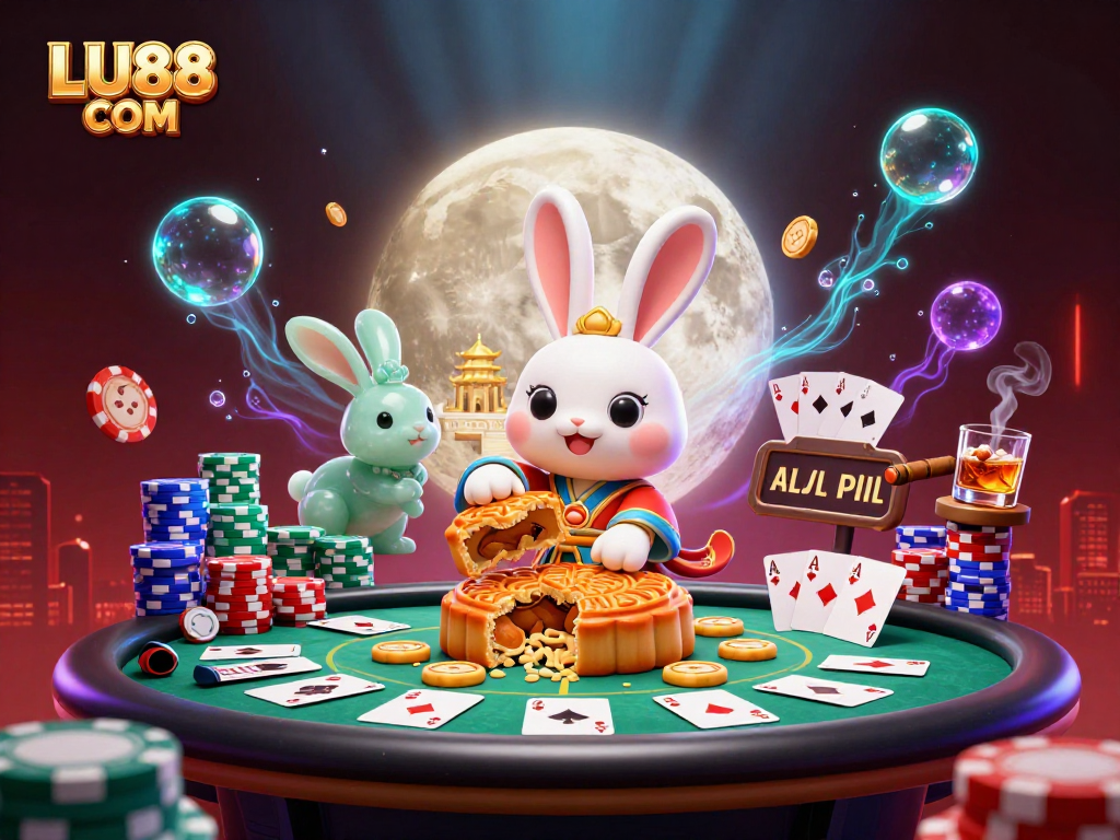 LU88 COM showcases a vibrant 3D casino scene with a moon rabbit, poker chips, and a rich background.
