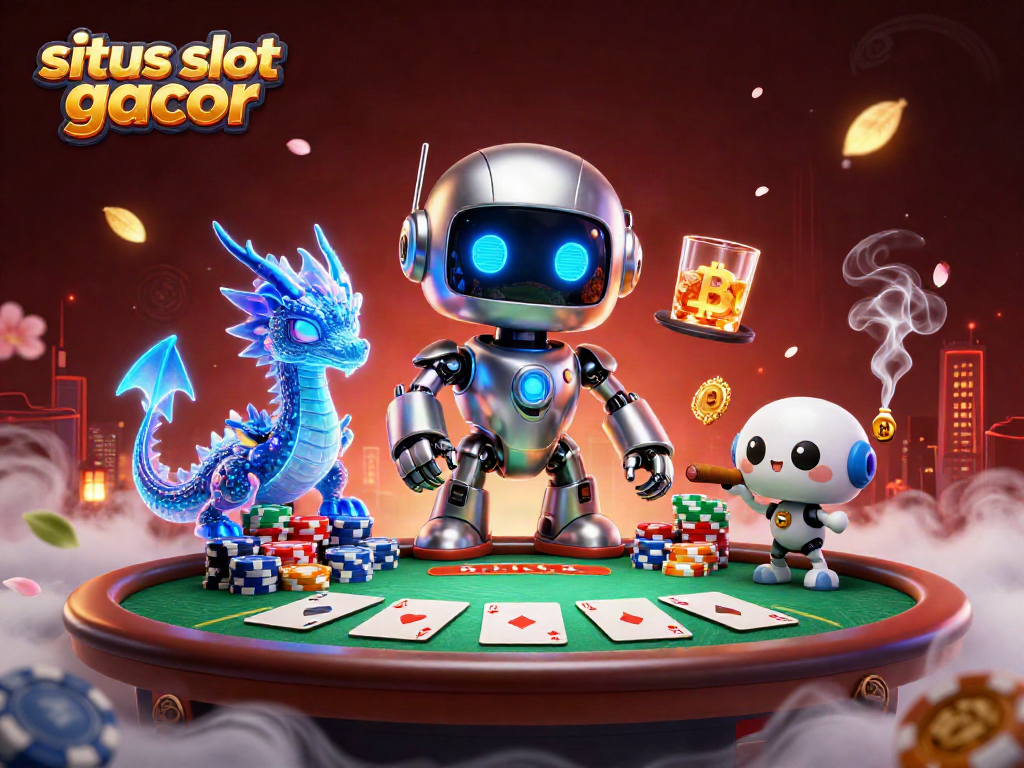 Engage with situs slot gacor action featuring vibrant robot and poker elements in a lively casino scene.