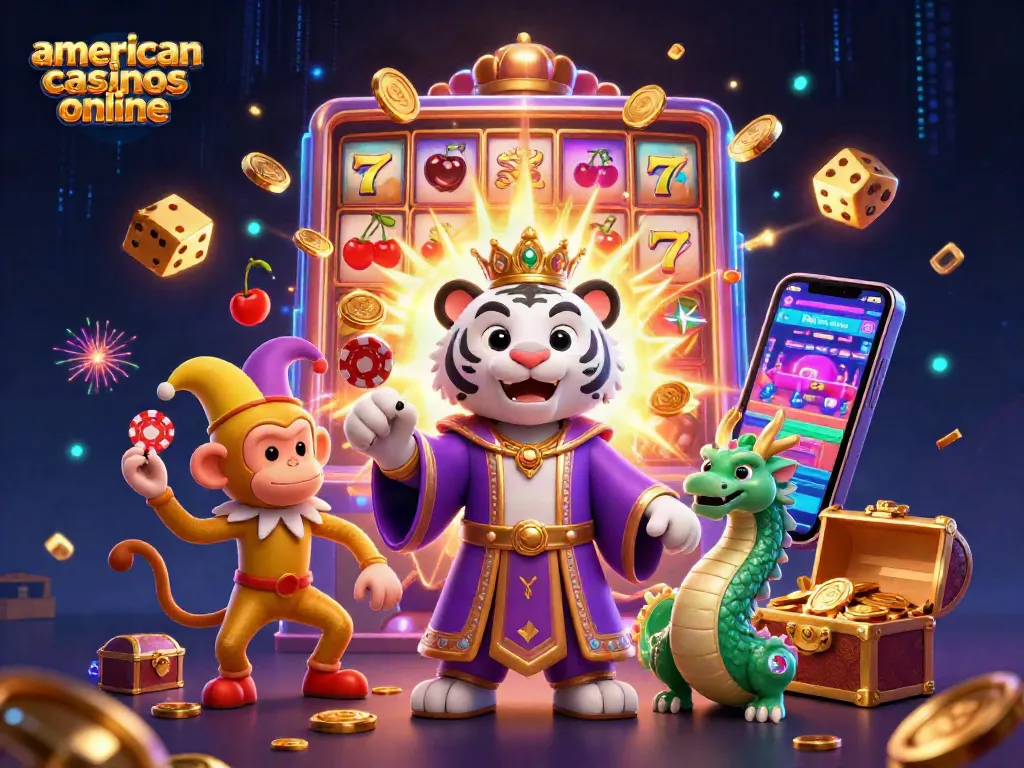 Experience thrill at american casinos online with a lively 3D scene of winning moments.