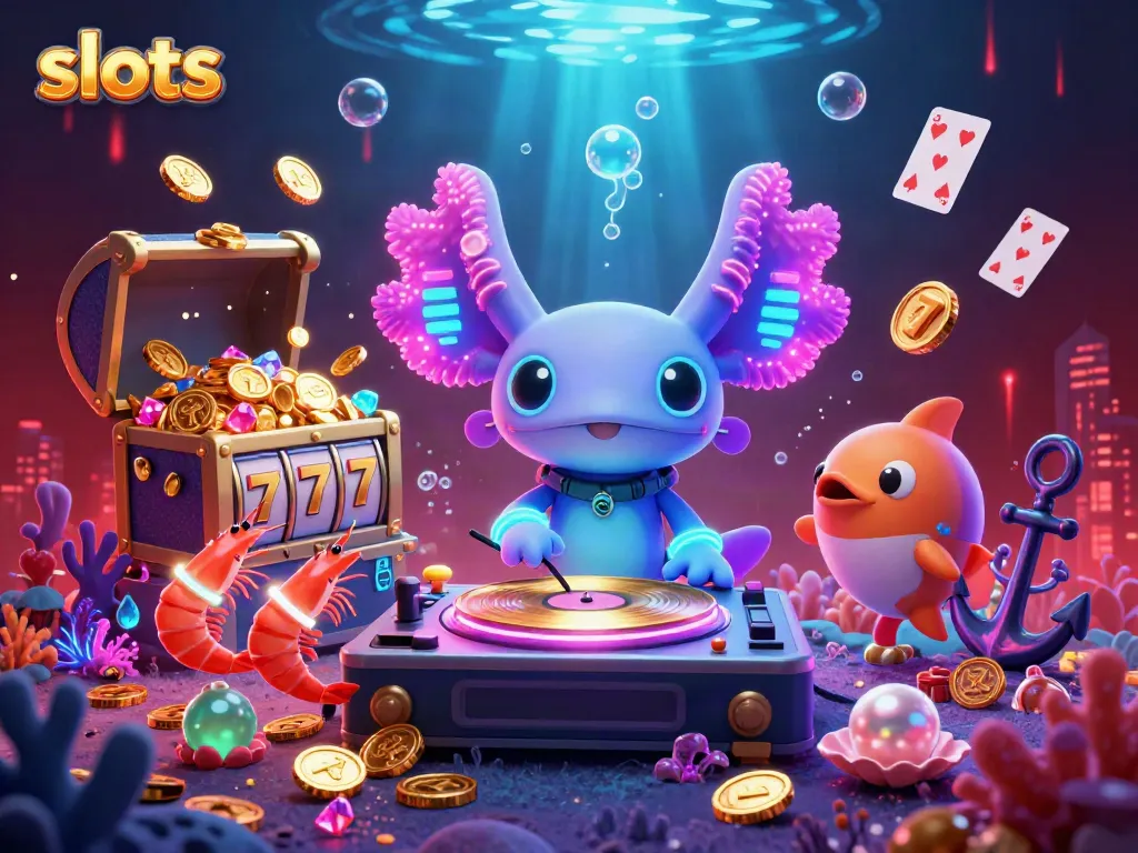 Experience vibrant slots action with a neon axolotl DJ in an underwater casino scene.