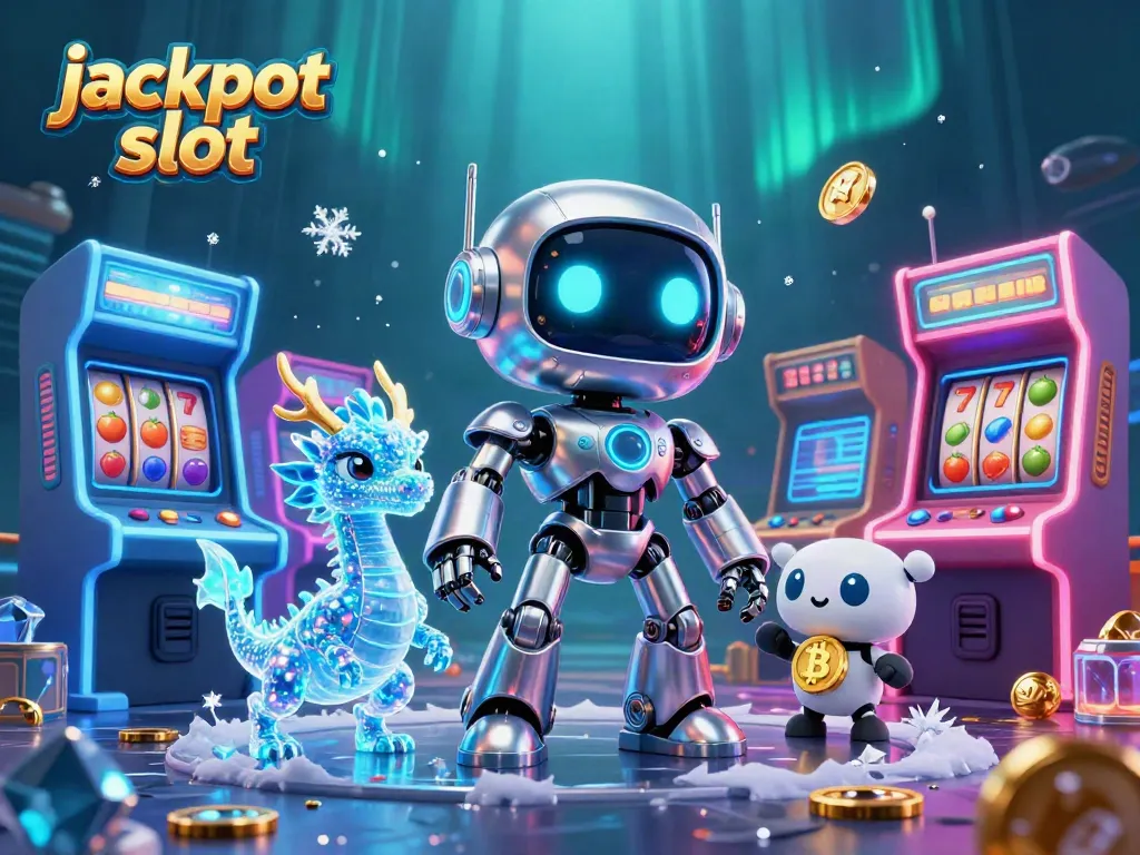 Experience the jackpot slot excitement with a vibrant 3D cyberpunk casino scene filled with game elements.
