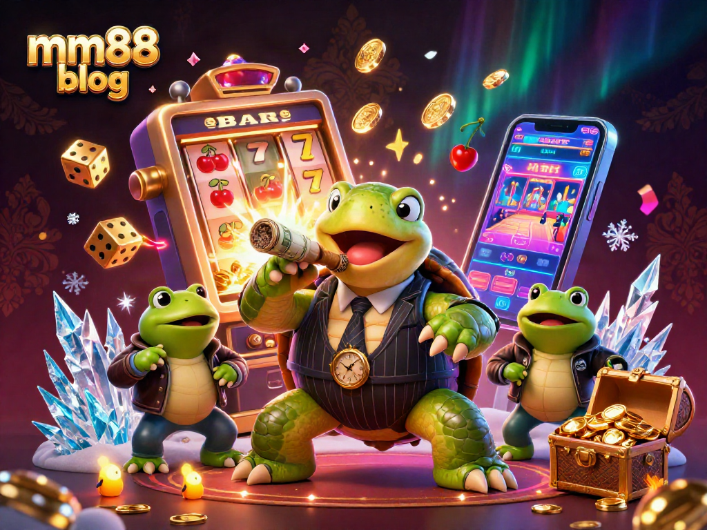 Engage with thrilling casino action in the mm88 blog featuring a vibrant 3D illustration of a mobster turtle amidst slot machine excitement.