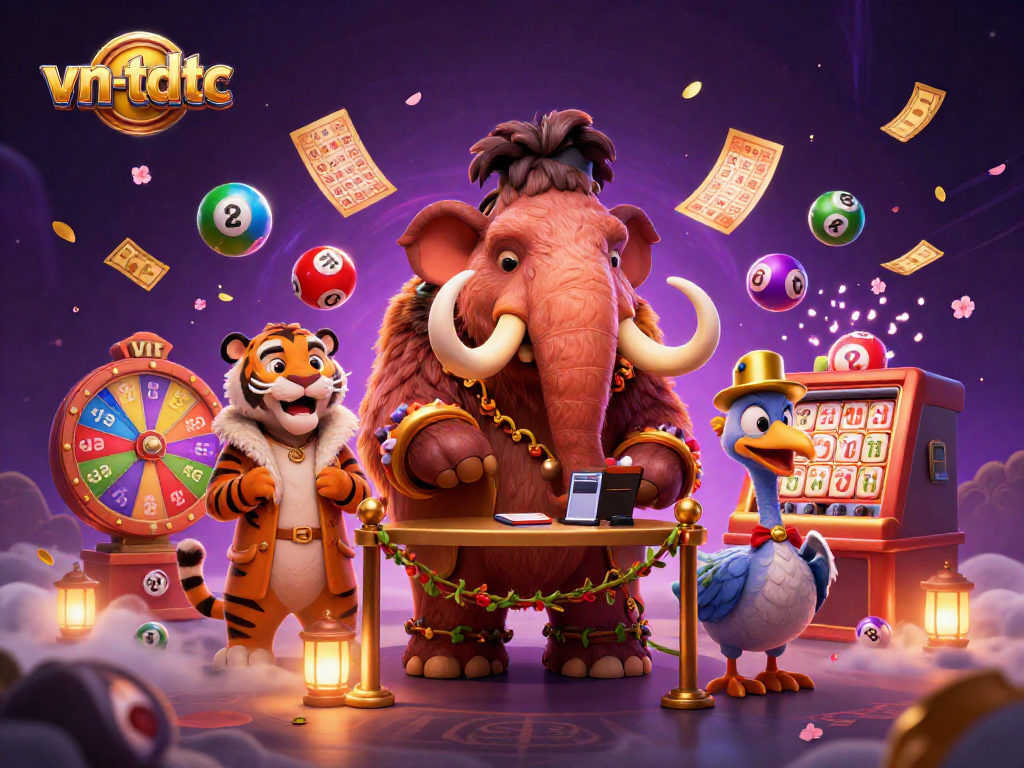 Experience vn-tdtc's vibrant gambling world with a woolly mammoth checking IDs and a saber-tooth tiger VIP guest.