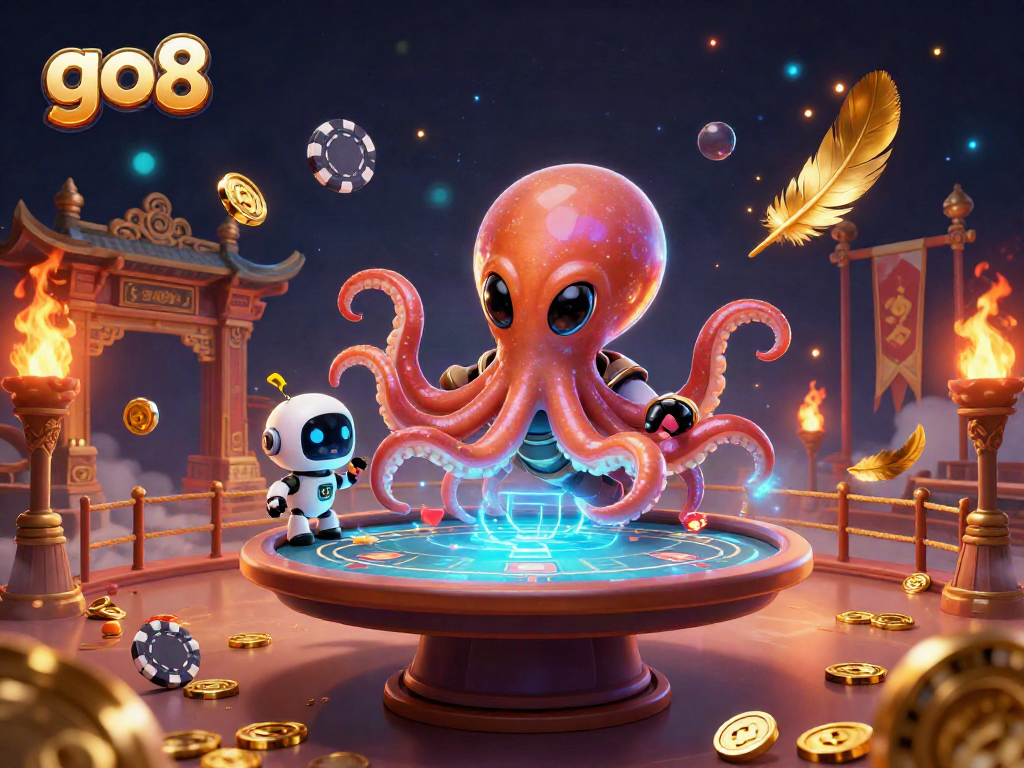 Engage in thrilling poker action with go8, featuring an alien octopus and a robot in cosmic casino