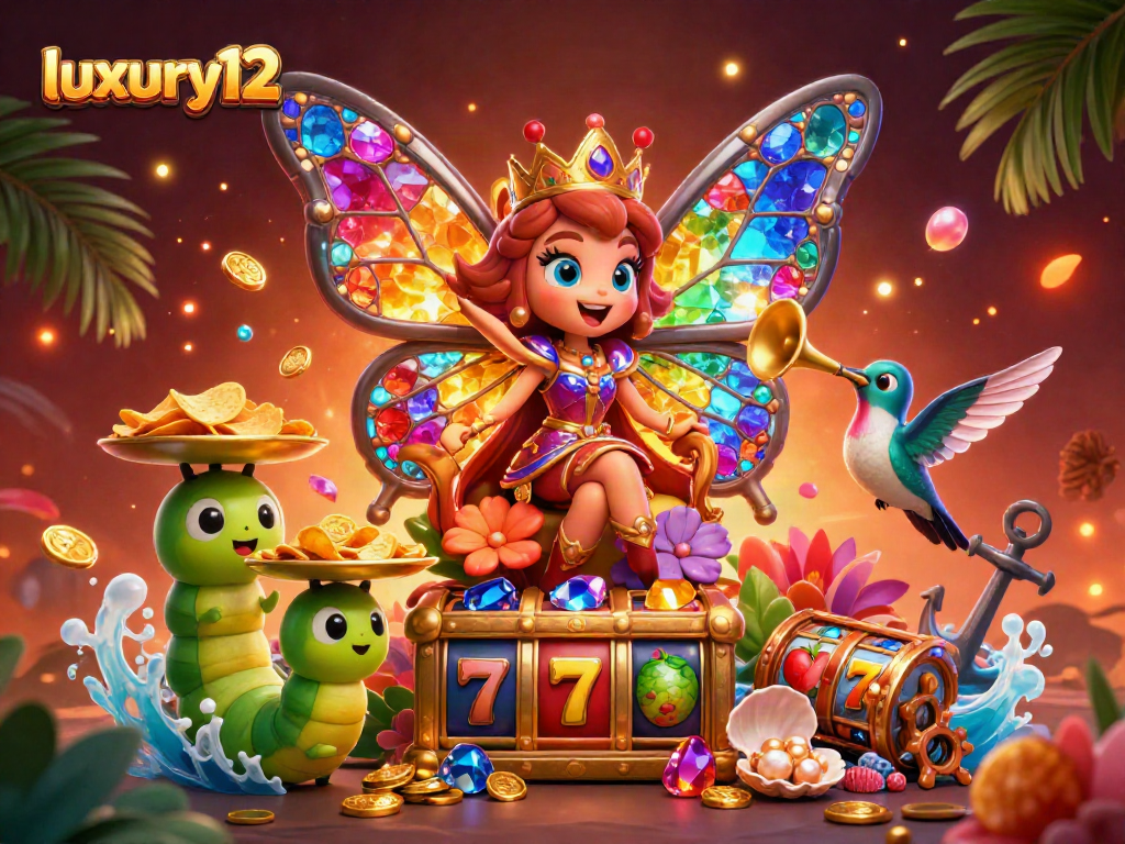 Luxury12 menawarkan pengalaman kasino dengan ratu kupu-kupu dan simbol slot yang berwarna-warni.
