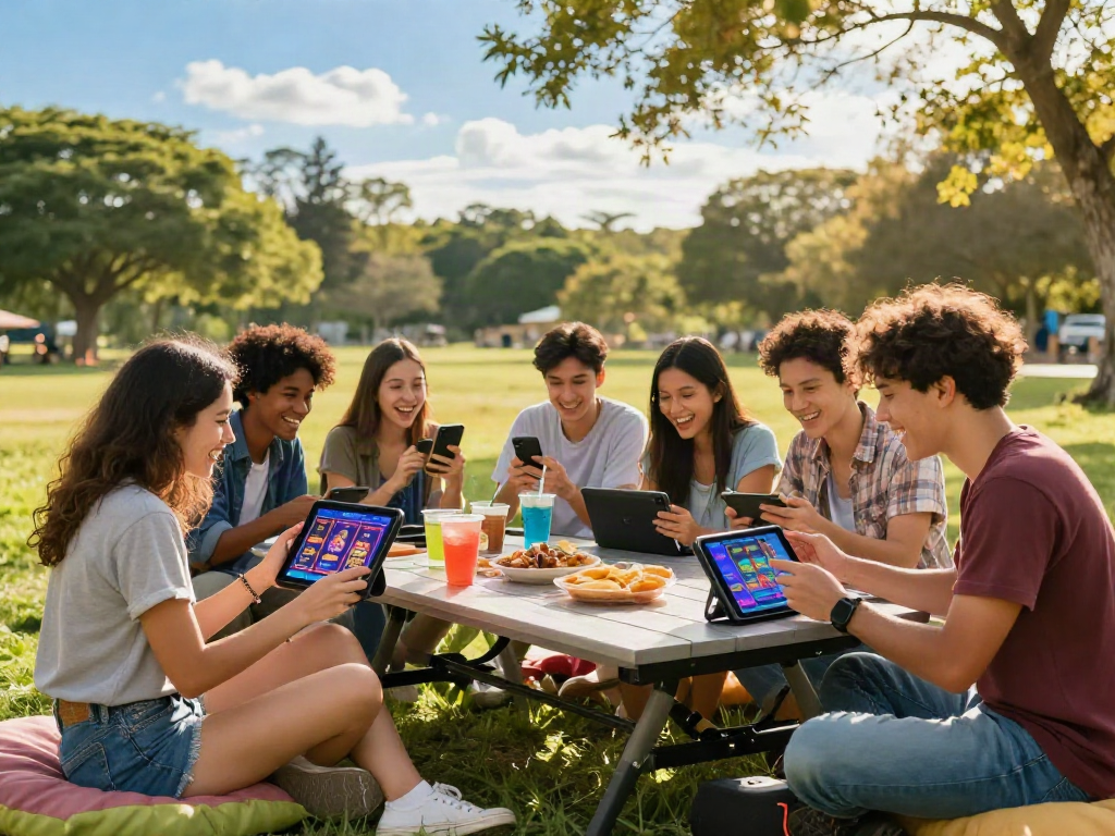 Group of friends enjoying outdoor gaming with slot depo qris on tablets, vibrant park setting.
