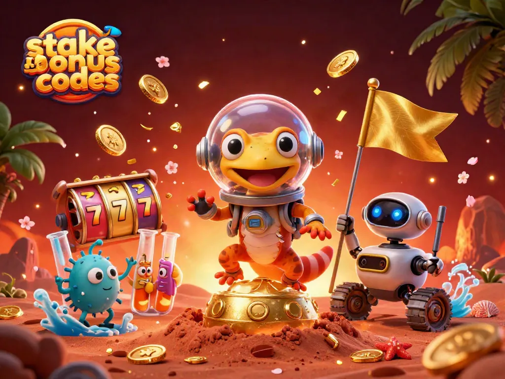 Engage with stake us bonus codes while exploring a vibrant casino landscape with Martian characters.