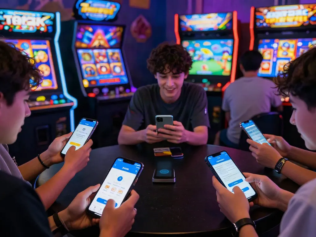 Players enjoying the Yono Arcade mobile gaming app in a lively arcade setting.