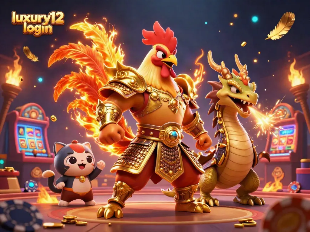 Experience the luxury12 login fantasy with a dynamic cartoon scene featuring a formidable rooster warrior and dragon amid vibrant casino elements.