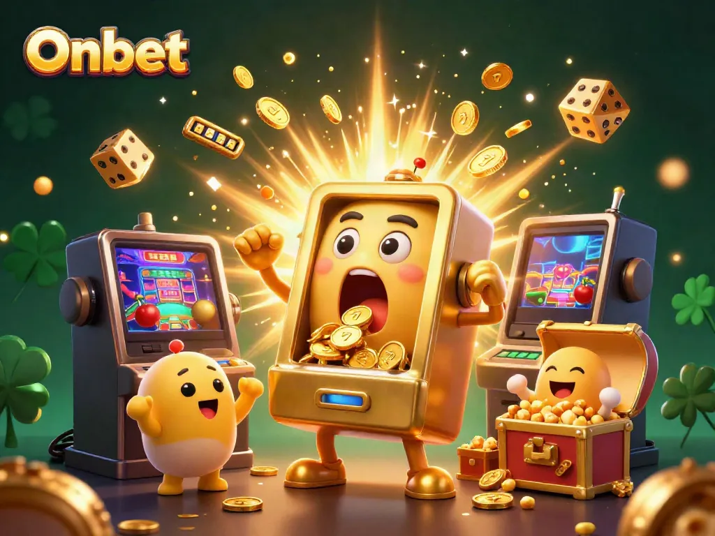 Onbet's slot machine celebrates a jackpot win as coins spill, showcasing excitement and fun in online gambling.