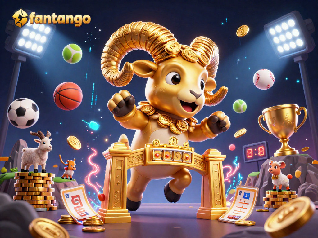 Engage in thrilling gameplay with fantango as golden ram charges, surrounded by dynamic sports elements.