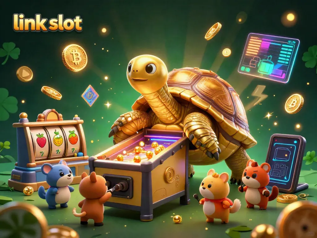 Engaging scene depicting a link slot experience with a colossal golden tortoise arcade game and cheering animals.