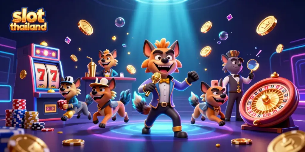 Spin the reels in slot thailand with a comedic pack of hyenas in a lively casino scene.