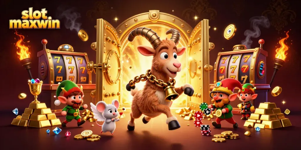 Dynamic slot maxwin scene with Krampus, angel mouse, and gremlins amidst riches