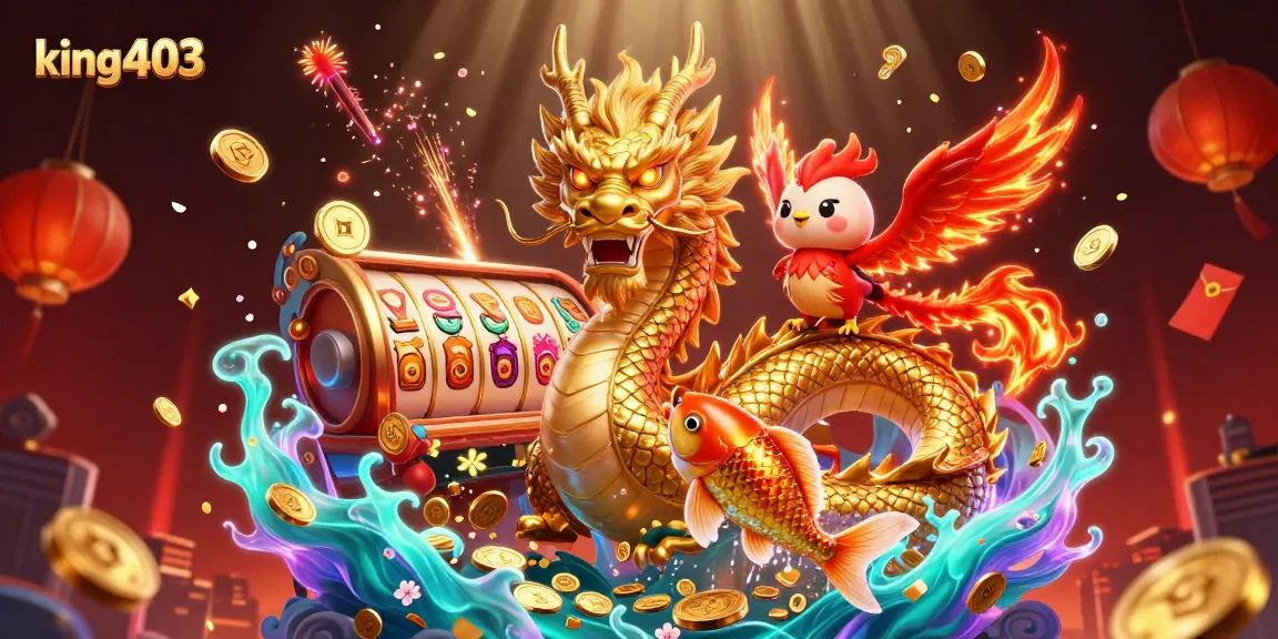 Experience the thrill at king403 with vibrant casino elements and winning symbols in an engaging illustration.