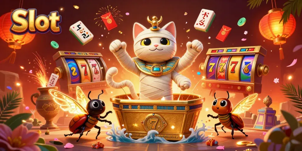Engaging Slot scene with an Egyptian mummy cat, gold elements, and vibrant casino effects
