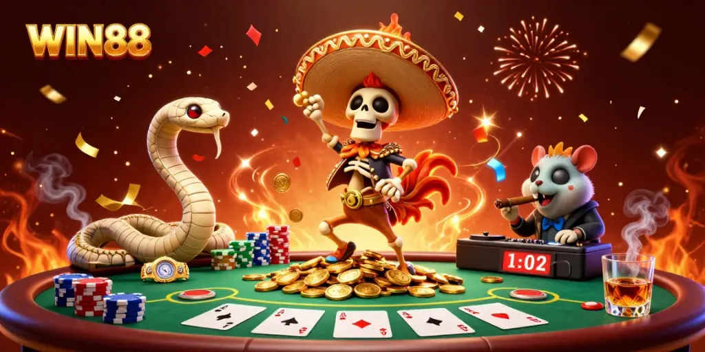 WIN88 celebrates with a lively mariachi rooster, gold coins, and casino elements in a festive scene.