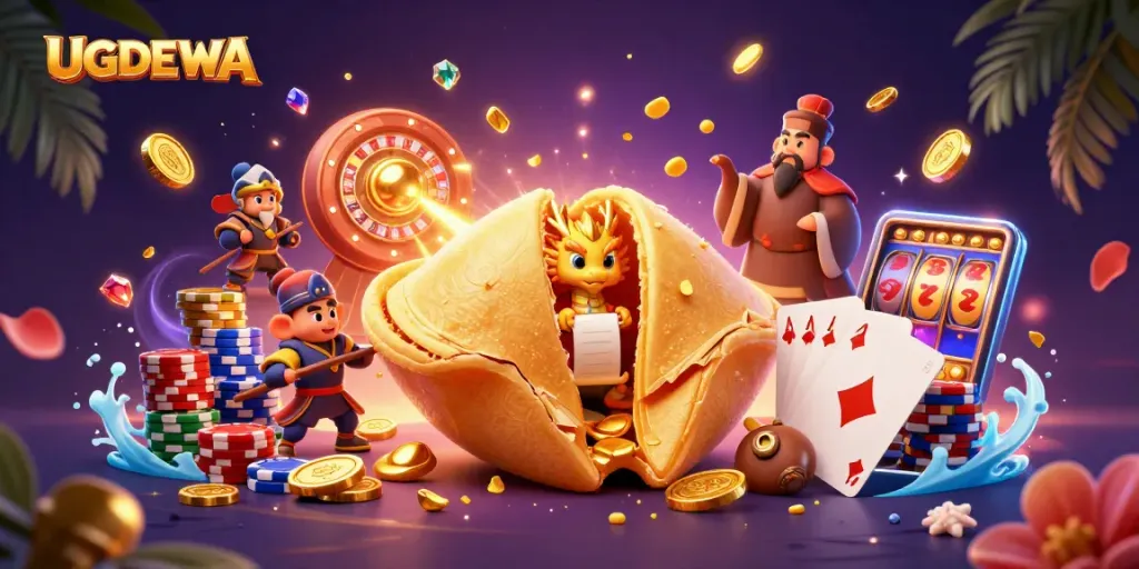 Engage in thrilling gameplay with UGDEWA's vibrant 3D illustration of fortune, luck, and casino excitement.