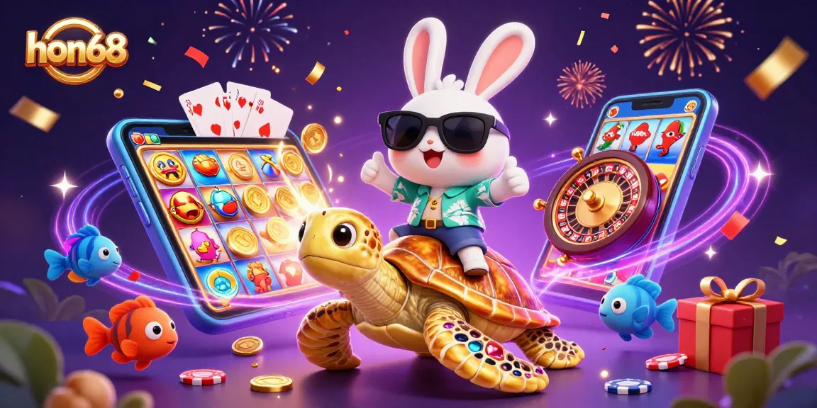 Experience the excitement of hon68 with a lucky rabbit and golden turtle amidst stunning casino elements.