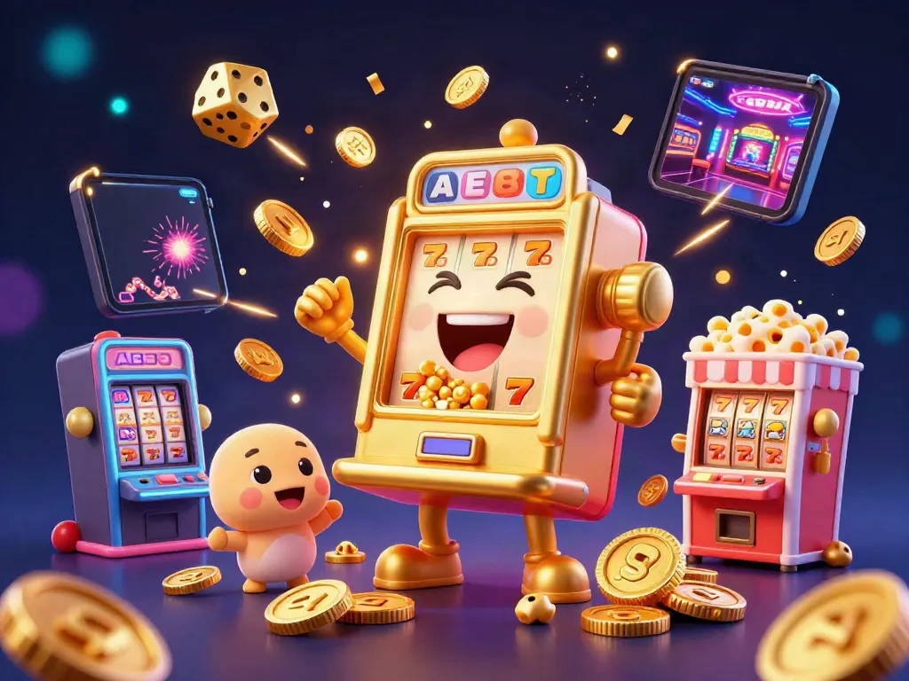 Experience the AE88 jackpot with a vibrant slot machine bursting coins, surrounded by cheering machines.