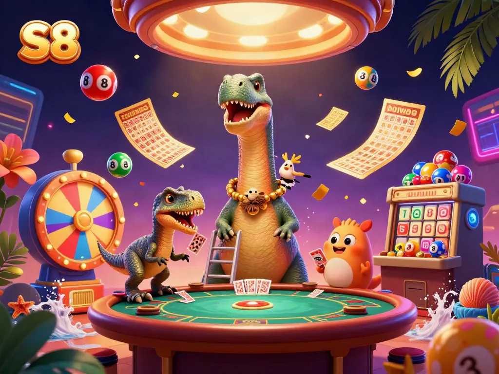 Experience the S8-themed casino excitement with vibrant lottery balls, a playful brontosaurus, and a clever dealer raptor.