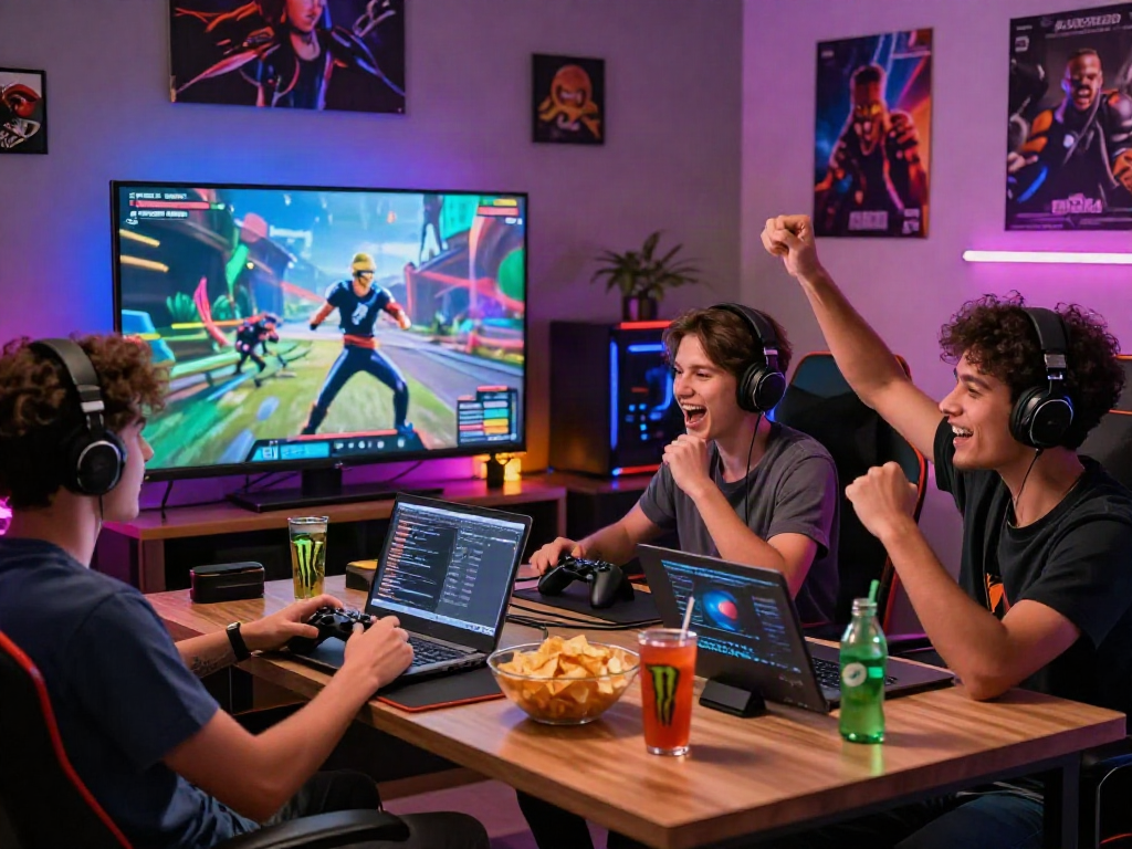 Friends enjoying a lively gaming session showcasing go8, vibrant RGB lighting and snacks on the table.