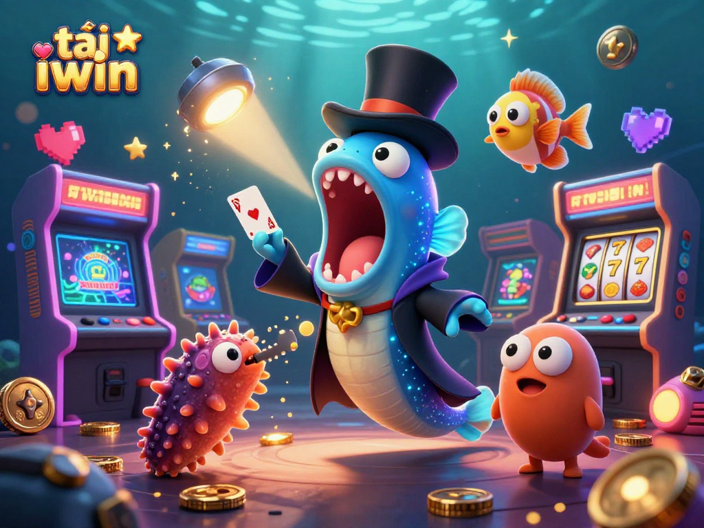 Experience excitement with tải iwin, as a bioluminescent gulper eel performs card tricks in a vibrant digital casino scene.
