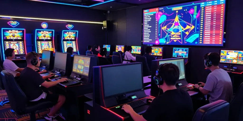 Luxury111 login scene with players enjoying quantum slot games in a vibrant digital casino atmosphere