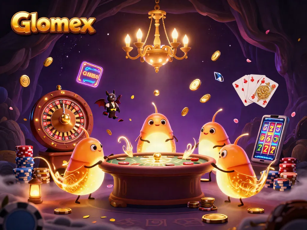 Glomex illuminates a vibrant casino scene with glowing glowworms and dynamic gaming elements