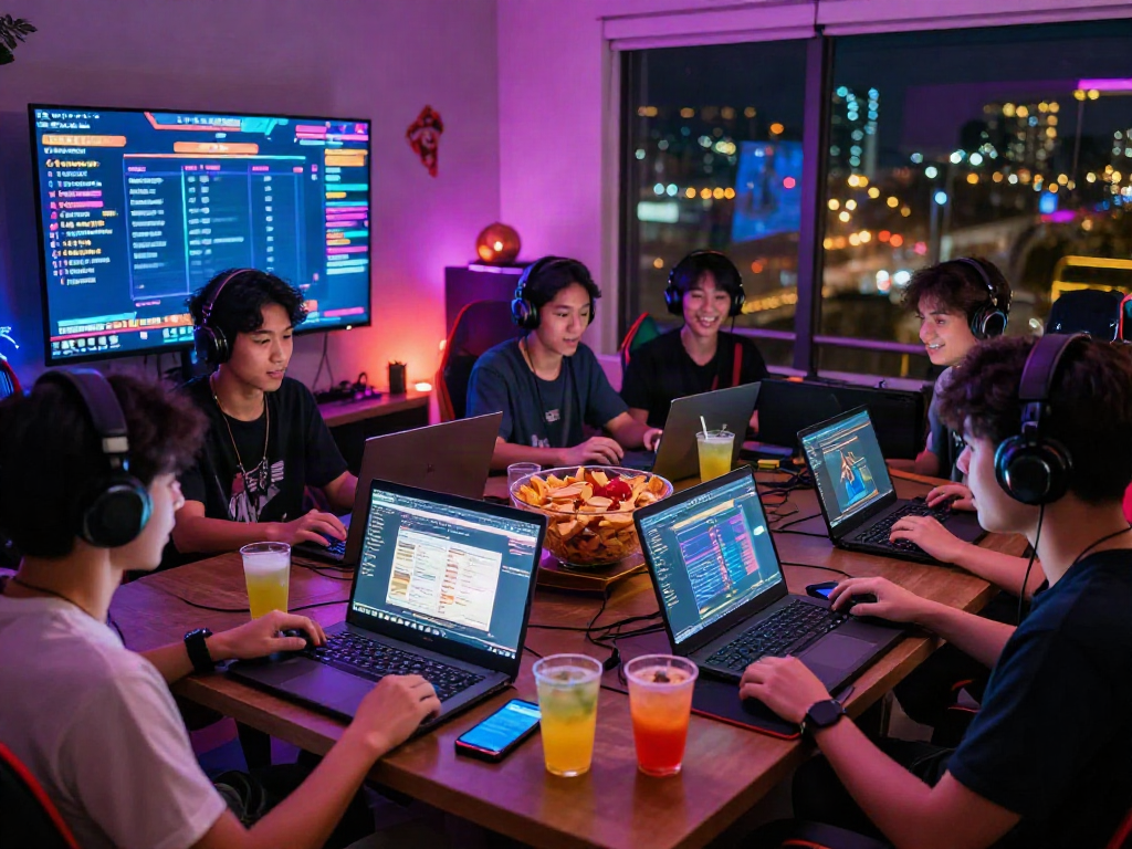 Excited friends engaging in situs togel online gaming with lively atmosphere and screens displaying lottery draws