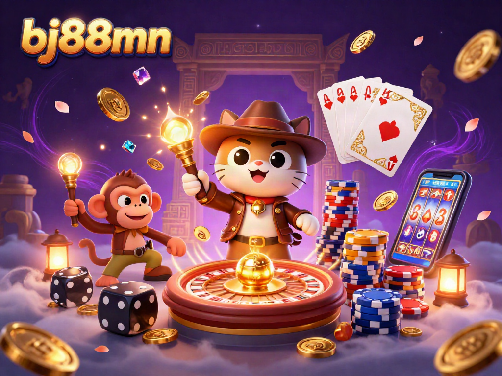 Experience the thrill of bj88mn with golden artifacts, vibrant casino elements, and treasures in a lush temple