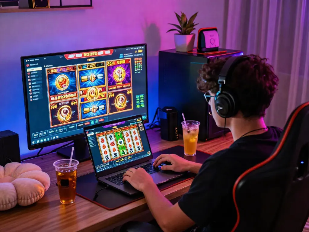 Player enjoying slot gacor games in a cozy, vibrant gaming setup with colorful LED lights.