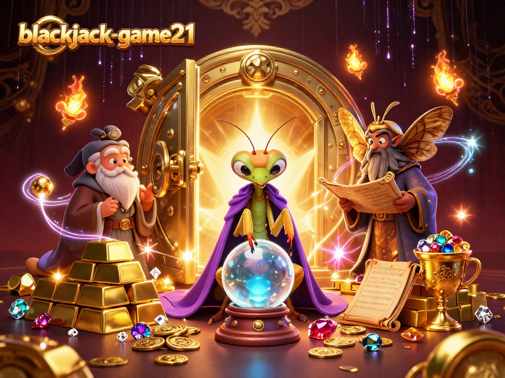 Engage with blackjack-game21 at a vibrant casino scene featuring fortune tellers and treasures.