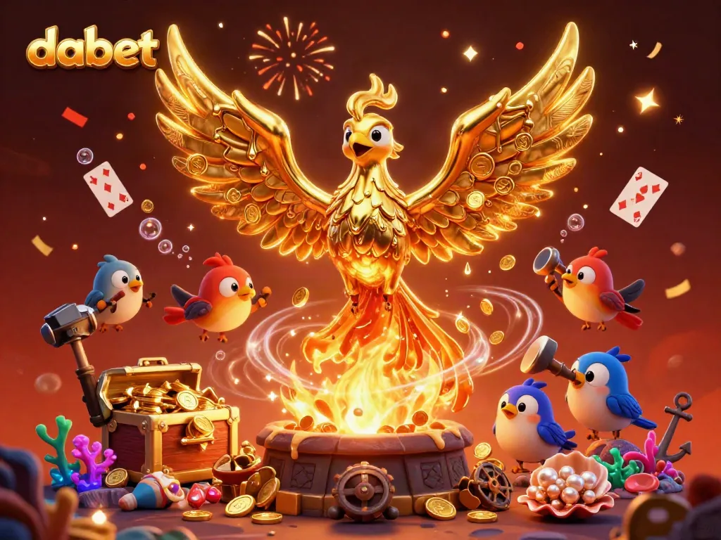 Experience the magic of dabet with a golden phoenix and gaming treasures in a vibrant casino theme.