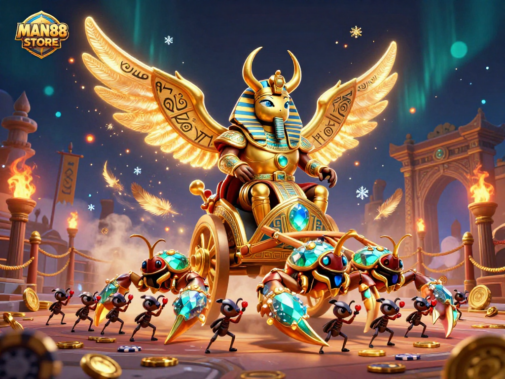 Engage in winning at MAN88 STORE with a colossal scarab beetle in a dynamic casino scene.