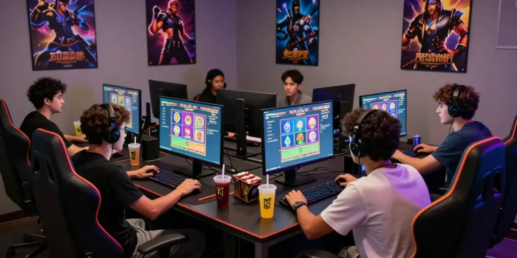 A lively gaming session showcasing akunjp with friends competing in an online slot game.